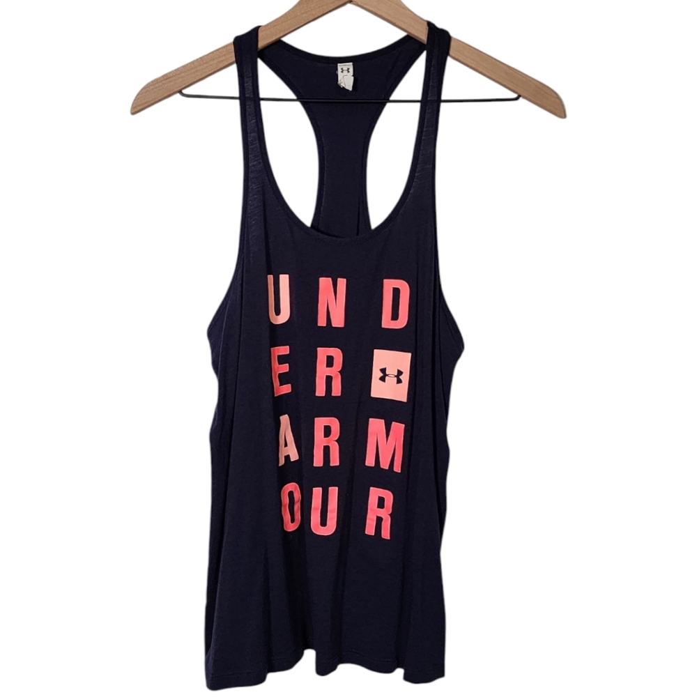 Under Armour Womens Medium Graphic Racerback Sleeveless Athletic Tank Blue Pink